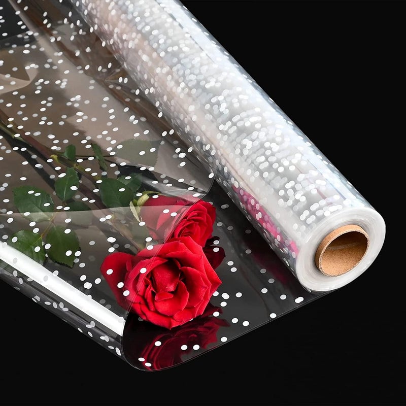 Giiffu Clear Cellophane Wrap Roll (34 in x 148 ft)-Cellophane Roll for Gift Basket, White Polka Dot Wrapping Paper, 3 Mil Thick Plastic Hampers Gift Wrap for Flower Bouquet, Basket, Treats, Crafts - Image 1